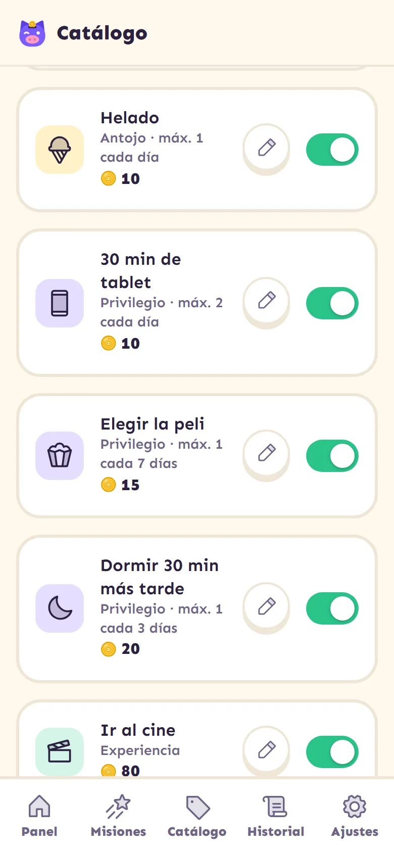 Catálogo de premios del panel de padres, con precios y límites.