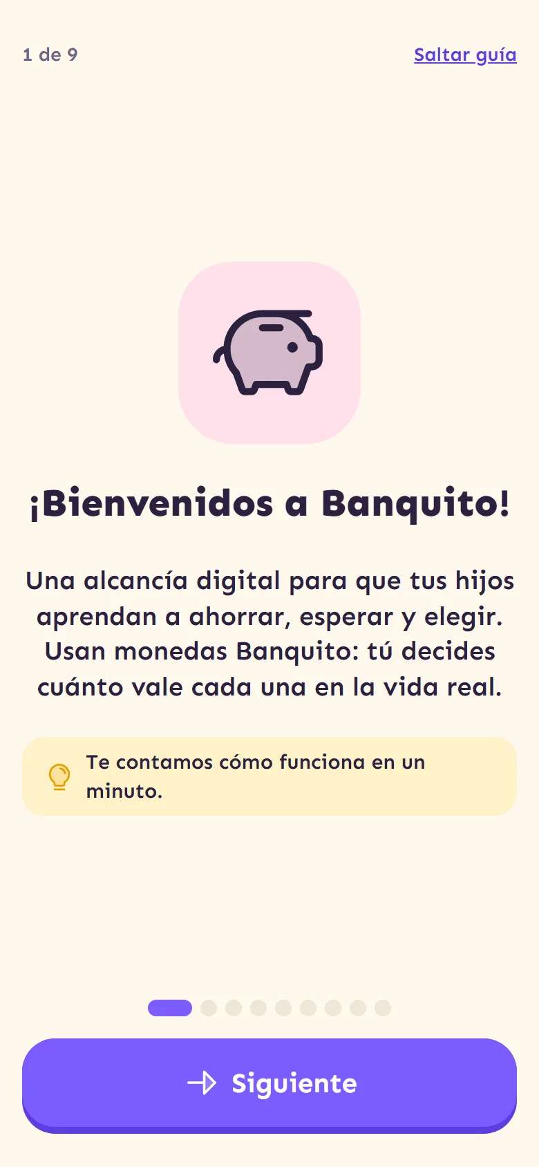 Primera pantalla de la guía de inicio: ¡Bienvenidos a Banquito!