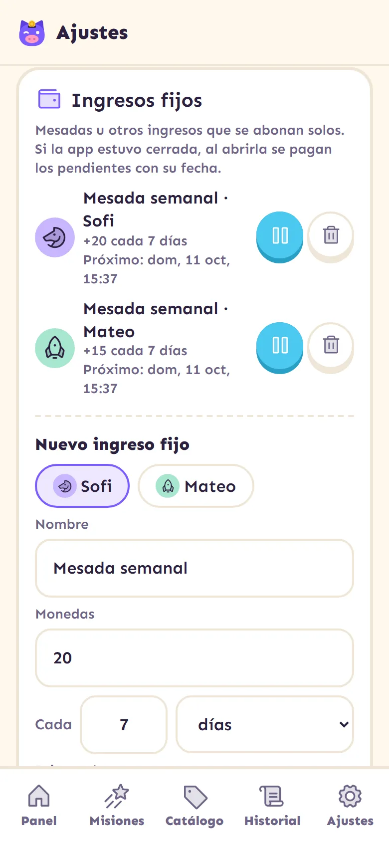 Ajustes, sección Ingresos fijos: mesadas semanales de Sofi y Mateo y el formulario para crear una nueva.