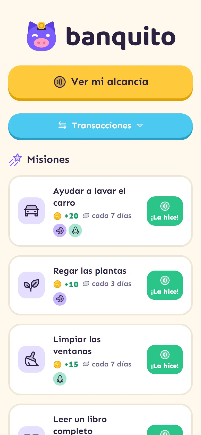 Inicio de Banquito con las misiones del día y la tienda de premios.