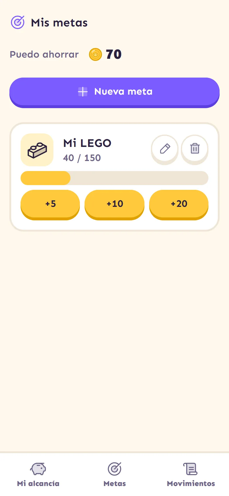 Pestaña Mis metas: la meta Mi LEGO con 40 de 150 monedas y botones para ahorrar.