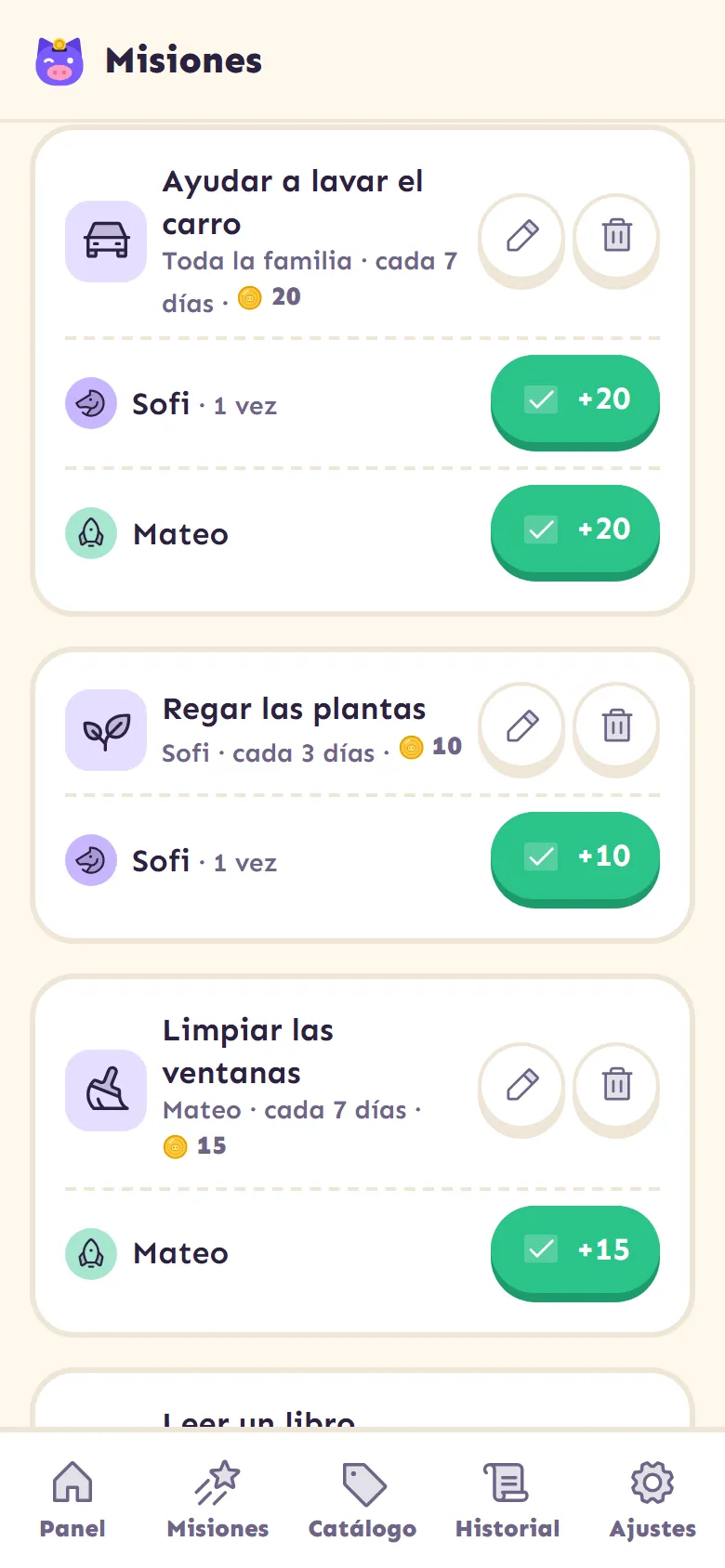 Lista de misiones del panel de padres, con el estado de cada niño.