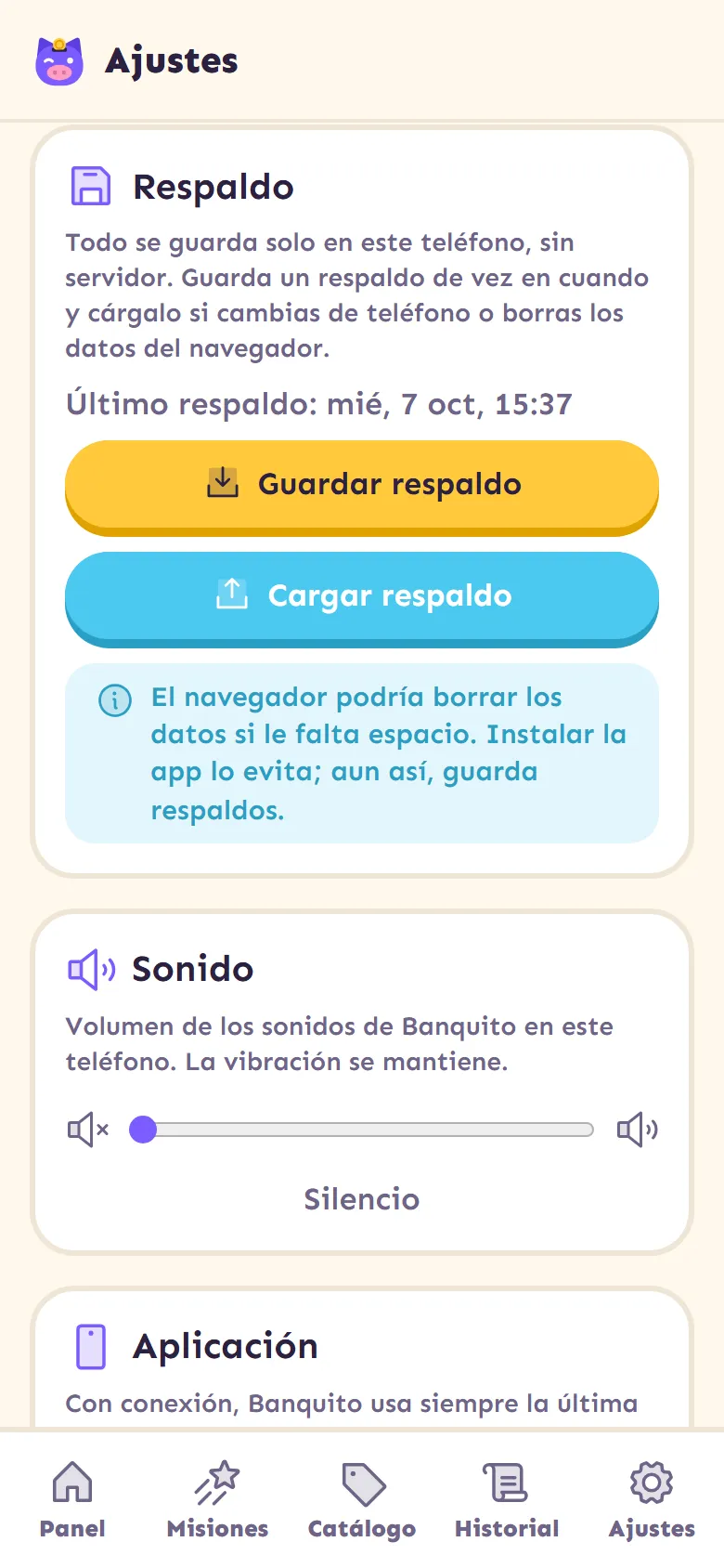 Ajustes, sección Respaldo: botones Guardar respaldo y Cargar respaldo.