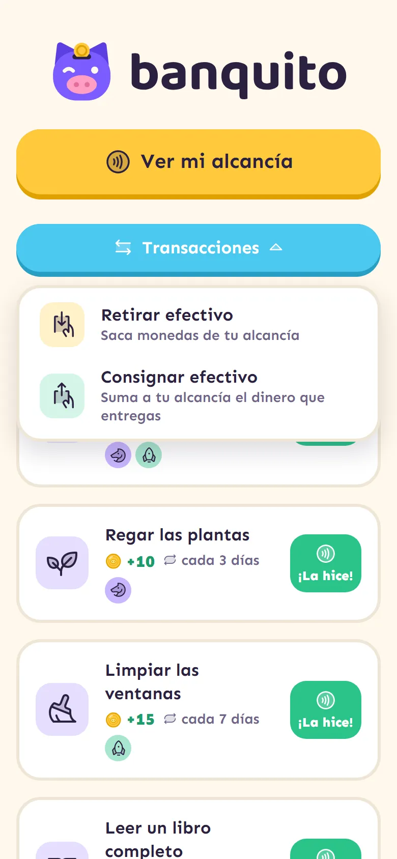 Inicio con el menú Transacciones abierto: Retirar efectivo y Consignar efectivo.