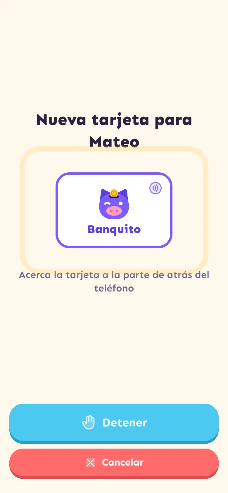 Pantalla de vincular tarjeta: Nueva tarjeta para Mateo, esperando a que se acerque la tarjeta.