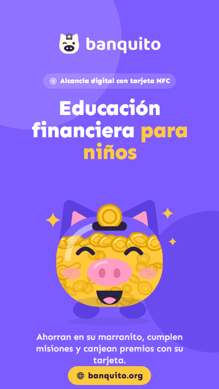 Historia violeta: «Educación financiera para niños», con el marranito lleno de monedas.