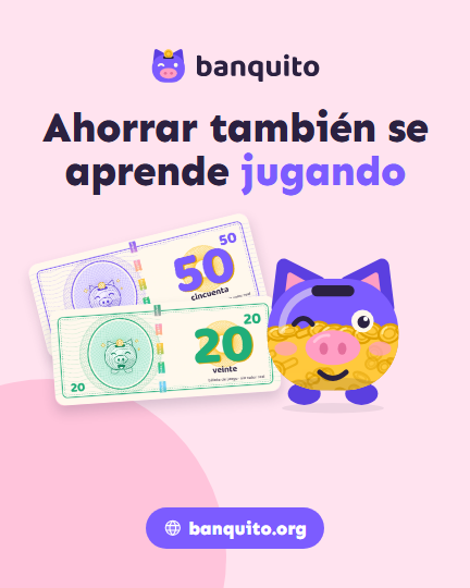 Publicación rosa: «Ahorrar también se aprende jugando», con billetes y el marranito.
